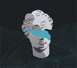 Illustration of the destroyed head of Aphrodite. Two parts of an ancient bust with a bright fracture on a dark background with the line mountains. A ready-to-use eps image for your design