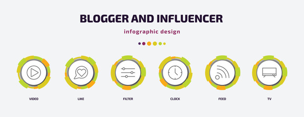 Poster - blogger and influencer infographic template with icons and 6 step or option. blogger and influencer icons such as video, like, filter, clock, feed, tv vector. can be used for banner, info graph,
