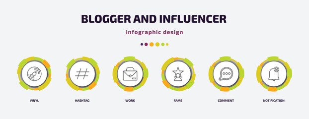 Poster - blogger and influencer infographic template with icons and 6 step or option. blogger and influencer icons such as vinyl, hashtag, work, fame, comment, notification vector. can be used for banner,