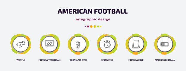 Poster - american football infographic template with icons and 6 step or option. american football icons such as whistle, football tv program, soda glass with a straw, stopwatch, field, american mark vector.