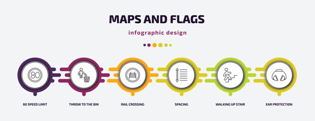 Poster - maps and flags infographic template with icons and 6 step or option. maps and flags icons such as 80 speed limit, throw to the bin, rail crossing, spacing, walking up stair, ear protection vector.