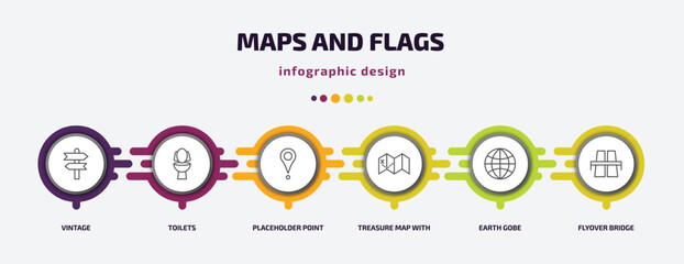 Poster - maps and flags infographic template with icons and 6 step or option. maps and flags icons such as vintage, toilets, placeholder point, treasure map with x, earth gobe, flyover bridge vector. can be