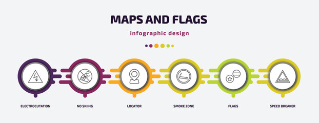 Poster - maps and flags infographic template with icons and 6 step or option. maps and flags icons such as electrocutation danger, no skiing, locator, smoke zone, flags, speed breaker vector. can be used for