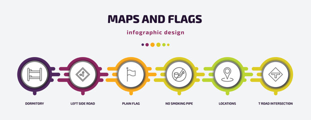 Poster - maps and flags infographic template with icons and 6 step or option. maps and flags icons such as dormitory, left side road, plain flag, no smoking pipe, locations, t road intersection vector. can