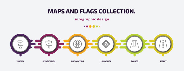 Aufkleber - maps and flags collection. infographic template with icons and 6 step or option. maps and flags collection. icons such as vintage, divarication, no toileting, land slide, swings, street vector. can