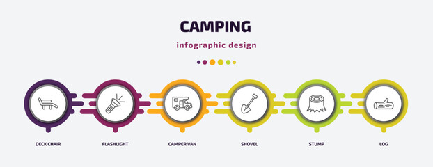 Aufkleber - camping infographic template with icons and 6 step or option. camping icons such as deck chair, flashlight, camper van, shovel, stump, log vector. can be used for banner, info graph, web,