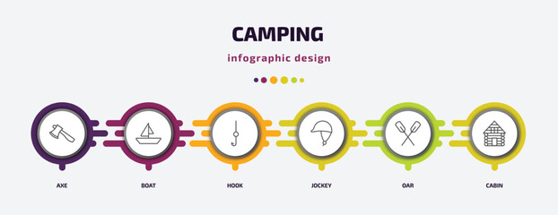 Poster - camping infographic template with icons and 6 step or option. camping icons such as axe, boat, hook, jockey, oar, cabin vector. can be used for banner, info graph, web, presentations.