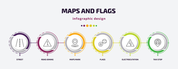 Poster - maps and flags infographic template with icons and 6 step or option. maps and flags icons such as street, road joining, maps mark, flags, electrocutation danger, taxi stop vector. can be used for