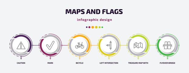 Poster - maps and flags infographic template with icons and 6 step or option. maps and flags icons such as caution, mark, bicycle, left intersection, treasure map with x, flyover bridge vector. can be used