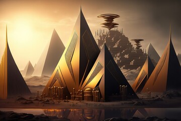 Futuristic Egypt. Sci-fi. Pyramid. Golden futuristic city. concept art.