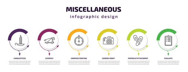 Poster - miscellaneous infographic template with icons and 6 step or option. miscellaneous icons such as candlesticks, catapult, compass pointing north, camera front, paperclip attachment, evaluate vector.