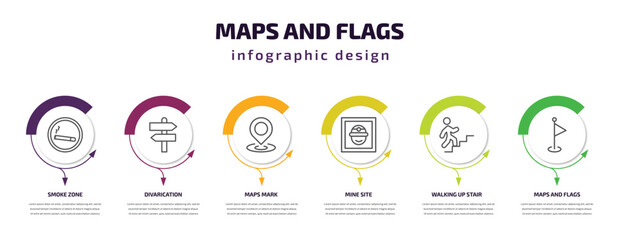 Poster - maps and flags infographic template with icons and 6 step or option. maps and flags icons such as smoke zone, divarication, maps mark, mine site, walking up stair, flags vector. can be used for