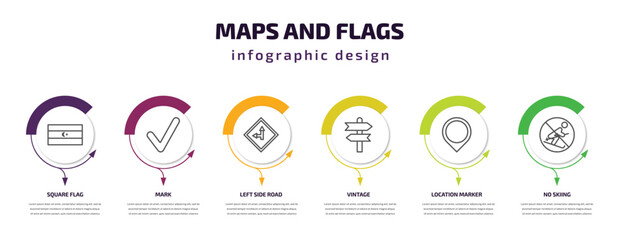 Poster - maps and flags infographic template with icons and 6 step or option. maps and flags icons such as square flag, mark, left side road, vintage, location marker, no skiing vector. can be used for