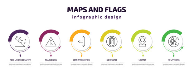 Poster - maps and flags infographic template with icons and 6 step or option. maps and flags icons such as rock landslide safety, road joining, left intersection, no luggage, locator, no littering vector.