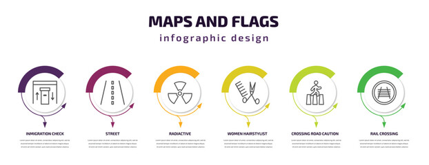 Poster - maps and flags infographic template with icons and 6 step or option. maps and flags icons such as inmigration check point, street, radiactive, women hairstylist, crossing road caution, rail crossing