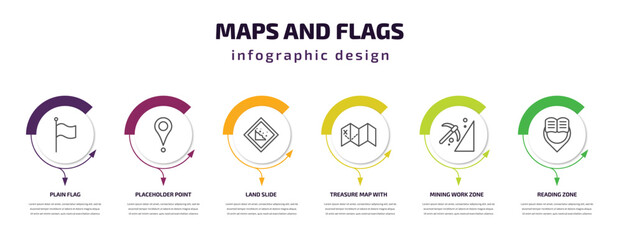 Poster - maps and flags infographic template with icons and 6 step or option. maps and flags icons such as plain flag, placeholder point, land slide, treasure map with x, mining work zone, reading zone
