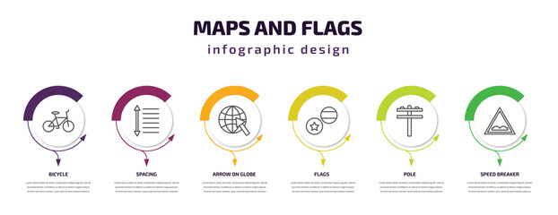 Poster - maps and flags infographic template with icons and 6 step or option. maps and flags icons such as bicycle, spacing, arrow on globe, flags, pole, speed breaker vector. can be used for banner, info