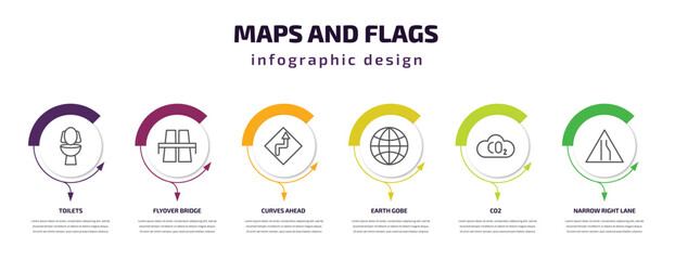 Poster - maps and flags infographic template with icons and 6 step or option. maps and flags icons such as toilets, flyover bridge, curves ahead, earth gobe, co2, narrow right lane vector. can be used for