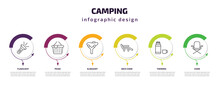 Camping Infographic Template With Icons And 6 Step Or Option. Camping Icons Such As Flashlight, Picnic, Slingshot, Deck Chair, Thermos, Chair Vector. Can Be Used For Banner, Info Graph, Web,