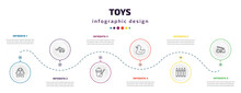 Toys Infographic Element With Icons And 6 Step Or Option. Toys Icons Such As Mrs Potato Toy, Digger Toy, Sand Bucket Toy, Duck Crayons Fire Truck Vector. Can Be Used For Banner, Info Graph, Web,