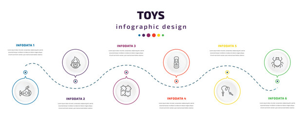 Poster - toys infographic element with icons and 6 step or option. toys icons such as submarine toy, troll toy, thinking game toy, phone skipping rope spider vector. can be used for banner, info graph, web,
