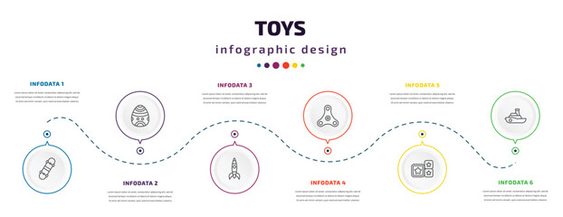 Poster - toys infographic element with icons and 6 step or option. toys icons such as skate toy, toy toy, rocket spinner cubes boat vector. can be used for banner, info graph, web, presentations.
