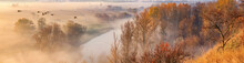 Autumn Landscape - A Flock Of Swans Flies In The Morning Fog Over The River Valley, Panorama, Banner