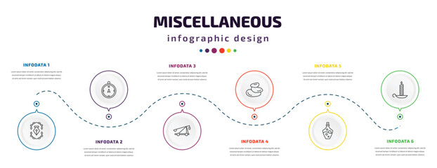 Wall Mural - miscellaneous infographic element with icons and 6 step or option. miscellaneous icons such as will, compass pointing north, catapult, pebble, alchemy, candlesticks vector. can be used for banner,