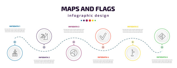 Wall Mural - maps and flags infographic element with icons and 6 step or option. maps and flags icons such as crossing road caution, mining work zone, navigate, mark, maps flags, road left side vector. can be