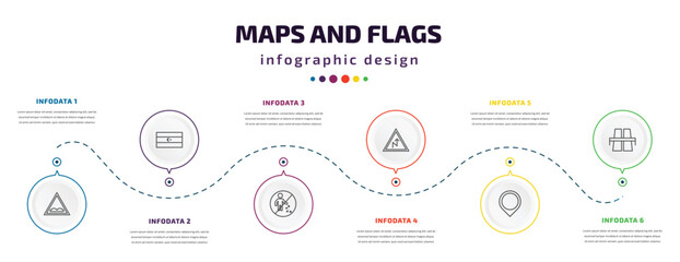 Poster - maps and flags infographic element with icons and 6 step or option. maps and flags icons such as speed breaker, square flag, no littering, right reverse curve, location marker, flyover bridge