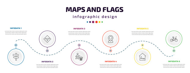 Poster - maps and flags infographic element with icons and 6 step or option. maps and flags icons such as divarication, t road intersection, use dust bin, locator, smoking place, bicycle vector. can be used