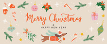 Christmas And New Year Wishes. Holiday Banner Vector Design. Hand Drawn Elements And Handwritten Calligraphy On Beige Background.