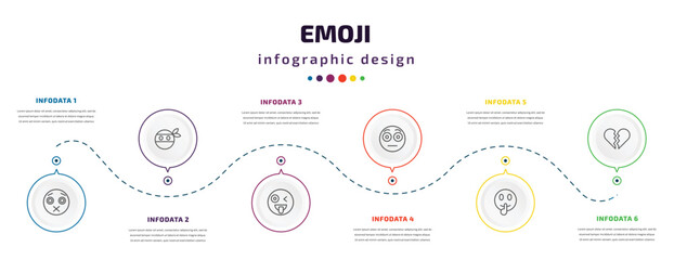 Poster - emoji infographic element with icons and 6 step or option. emoji icons such as silent emoji, ninja crazy embarrassed shushing broken heart vector. can be used for banner, info graph, web,