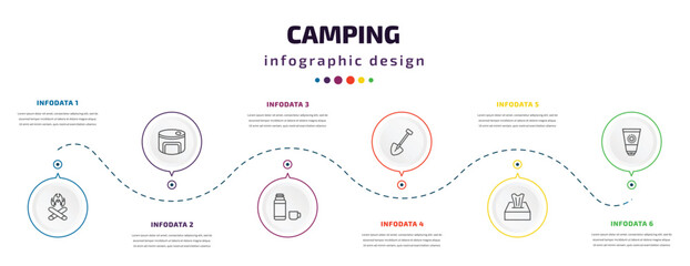 Wall Mural - camping infographic element with icons and 6 step or option. camping icons such as campfire, canned food, thermos, shovel, tissue, sun lotion vector. can be used for banner, info graph, web,