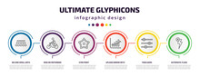 Ultimate Glyphicons Infographic Template With Icons And 6 Step Or Option. Ultimate Glyphicons Icons Such As Big And Small Dots, Man On Motorbike, Star Point, Upload Arrow With Bar, Tings Bars,