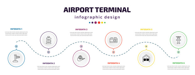 Aufkleber - airport terminal infographic element with icons and 6 step or option. airport terminal icons such as right wing, direction post, trip, vintage camera, hangar, old plane vector. can be used for