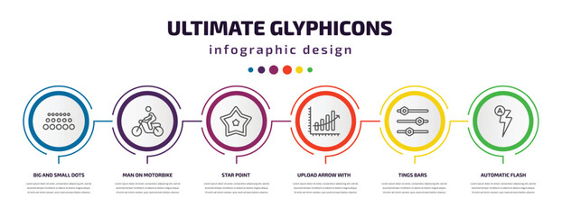 Poster - ultimate glyphicons infographic template with icons and 6 step or option. ultimate glyphicons icons such as big and small dots, man on motorbike, star point, upload arrow with bar, tings bars,