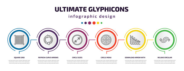 Poster - ultimate glyphicons infographic template with icons and 6 step or option. ultimate glyphicons icons such as square grid, refresh curve arrows, circle sizes, circle menu, download arrow with bar,
