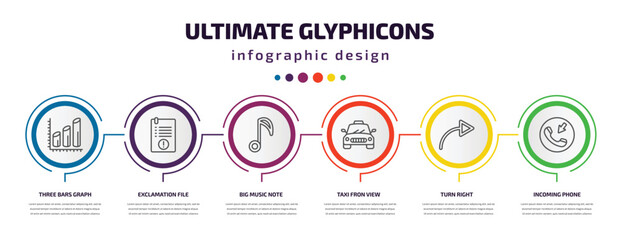 Poster - ultimate glyphicons infographic template with icons and 6 step or option. ultimate glyphicons icons such as three bars graph, exclamation file, big music note, taxi fron view, turn right, incoming