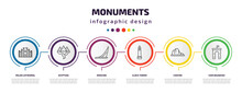 Monuments Infographic Template With Icons And 6 Step Or Option. Monuments Icons Such As Milan Cathedral, Egyptian, Moscow, Clock Tower, Canyon, Ejer Baunehoj Vector. Can Be Used For Banner, Info