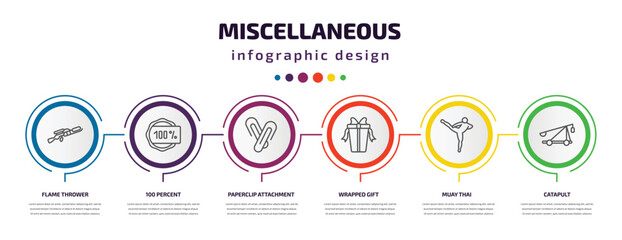 Poster - miscellaneous infographic template with icons and 6 step or option. miscellaneous icons such as flame thrower, 100 percent, paperclip attachment, wrapped gift, muay thai, catapult vector. can be