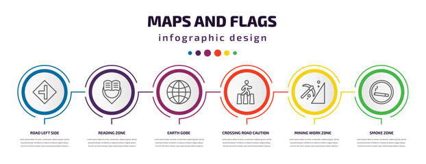 Poster - maps and flags infographic template with icons and 6 step or option. maps and flags icons such as road left side, reading zone, earth gobe, crossing road caution, mining work zone, smoke zone
