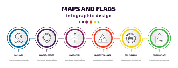 Poster - maps and flags infographic template with icons and 6 step or option. maps and flags icons such as maps mark, location marker, divarication, narrow two lanes, rail crossing, smoking place vector. can