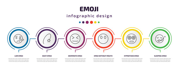 Poster - emoji infographic template with icons and 6 step or option. emoji icons such as liar emoji, dizzy desperate without mouth, hypnotized sleeping vector. can be used for banner, info graph, web,