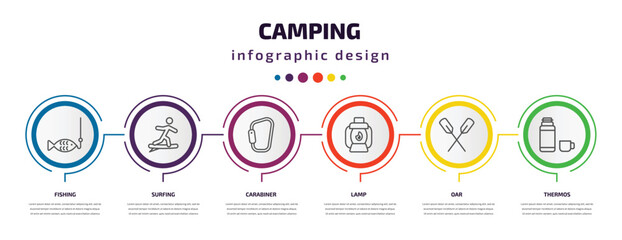 Poster - camping infographic template with icons and 6 step or option. camping icons such as fishing, surfing, carabiner, lamp, oar, thermos vector. can be used for banner, info graph, web, presentations.