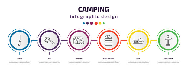 Poster - camping infographic template with icons and 6 step or option. camping icons such as hook, axe, camper, sleeping bag, log, direction vector. can be used for banner, info graph, web, presentations.
