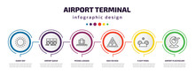 Airport Terminal Infographic Template With Icons And 6 Step Or Option. Airport Terminal Icons Such As Sunny Day, Airport Queue, Picking Luggage, High Voltage, Flight Panel, Placeholder Vector. Can