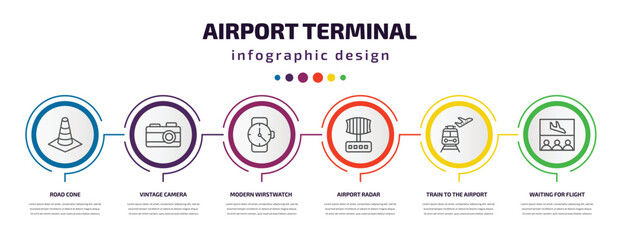 Poster - airport terminal infographic template with icons and 6 step or option. airport terminal icons such as road cone, vintage camera, modern wirstwatch, airport radar, train to the waiting for flight
