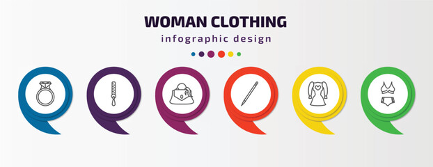 Poster - woman clothing infographic template with icons and 6 step or option. woman clothing icons such as engagement ring, zip, handbag of female, eyes makeup pencils, heart shaped clothes, swimsuit