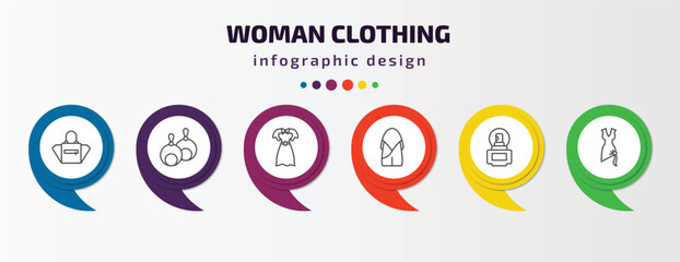 Poster - woman clothing infographic template with icons and 6 step or option. woman clothing icons such as female black handbag, round earrings, lace dress with belt, hobo shoulder bag, parfume, bow black